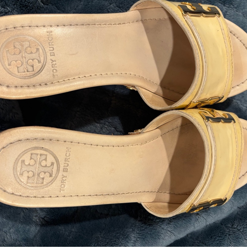 Tory Burch Yellow Cork Wedge Sandals - Picture 2 of 10